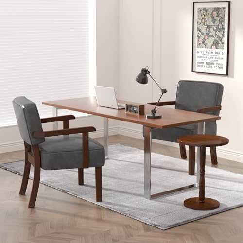 Accent Chairs Set of 2, 2 Solid Wood Armchairs with Side Table | Faux Leather Chair with Soft Thicken Cushion, Comfy Reading Chair for Bedroom, Waiting Room, Home Office, Easy Assembly - color: Faux Leather Gray, size: Set of 2 with table
