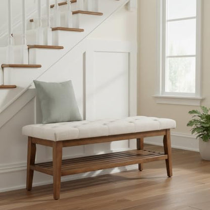 HUIMO Upholstered Entryway Shoe Bench, Button Tufted End of Bed Bench,Beige | with Solid Wood Slatted Shelf, Padded Ottoman Bench for Bedroom, Living Room, Entryway - color: Beige, style: French Country