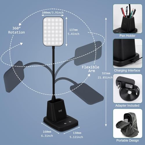 LED Desk Lamp with 10W Wireless Charging & Pen Holder, Black | CRI 95, 800LM, Stepless Dimming, 3 Modes, 360°Flexible Arm, Touch, Study Table Lamp for Home Office, Dorm Room, with Adapter - color: Black