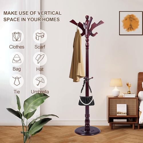 Wooden Coat Rack Freestanding with 11 Hooks, Adjustable Height Coat Tree Free Standing Heavy Duty for Entryway, Easy Assembly Solid Wood Sturdy Coat Hats Hanger Stand for Office Hallway Bedroom - color: Redwood-Solid Wood Hook A