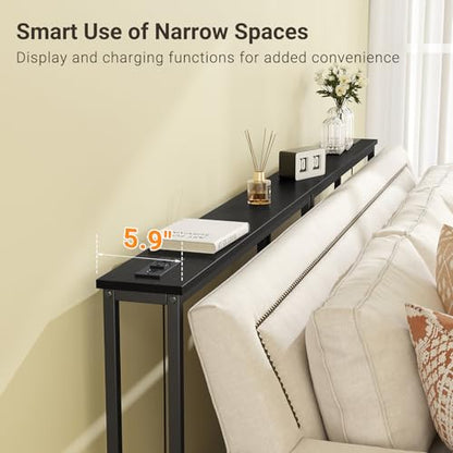 ELYKEN 39.4'' Narrow Console Table with Outlet, Sofa Table Behind Couch | Skinny Entryway Tables with Charging Station for Living Room, Hallway, 5.9 x 39.4 x 29.5in, Black - color: Black, size: 5.9"DX39.4"WX29.5"H