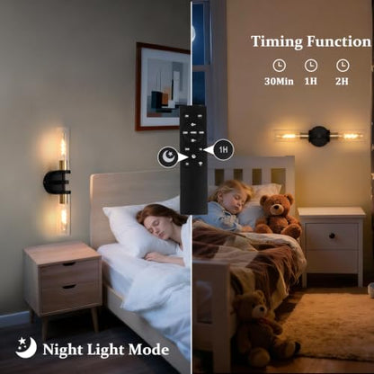 Shenmoyl Set of 2 Wall Sconces, 7800 mAh Battery Operated Wall Sconce with 3 Colors & Remote Control, Black Gold Rechargeable Wall Lamp with Clear Glass Shade for Bedroom, Bathroom, Stairwell, Hallway - color: Double-head Black&Gold - Clear Glass