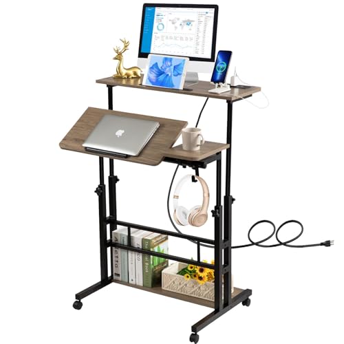 Hadulcet Rolling Stand Up Desk Adjustable Height - Portable Standing Desk with Wheels & Charging Station, Mobile Laptop Desk Small Standing Desk Drawing Table, Grey - color: Grey, size: 31.5" With Charging Station