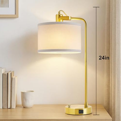Gold Table Lamp Set of 2, USB A+C, 180° Adjustable Bedside Lamps, Dimmable | Bare Bulb Compatible, Industrial Nightstand Lamp with Linen Lampshade, LED Bulbs Included, Desk Lamp for Bedroom, Living Room - color: Gold-A