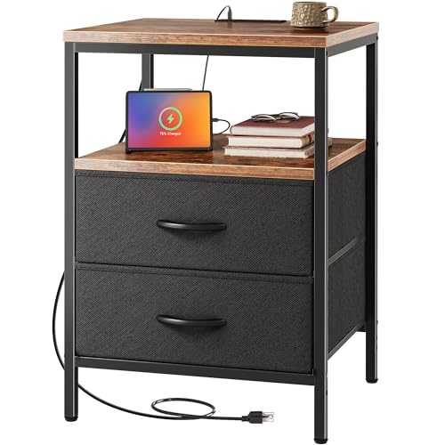 Huuger Night Stand with Charger Station, 27.7 Inch Tall Nightstand | Bed Side Table with 2 Fabric Drawers, Side Table for Bedroom, End Table for Living Room, Couch, Rustic Brown and Black - color: Rustic Brown and Black, size: 11.8"d X 17.7"w X 27.7"h (2