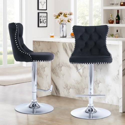 Velvet Bar Stool Set of 2, Adjustable Swivel Bar Stools with Silver Plated Metal Leg, Button Tufted, Footrest, Chrome Nailhead, Counter Height Chair for Kitchen, Bar, Dining Room (Black) - color: Black-silver Leg, size: Set of 2
