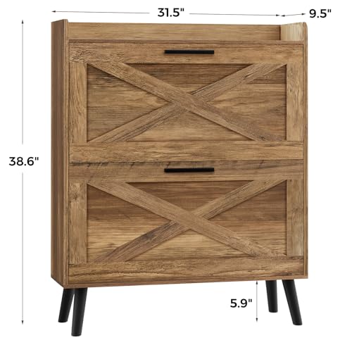 Homleke Farmhouse Shoe Storage Cabinet with Flip Drawers & Barn Door Design | Slim Narrow Shoe Rack Cabinet with Adjustable Shelves & Hidden Storage for Entryway, Hallway, Living Room, Rustic Walnut - color: Rustic Walnut