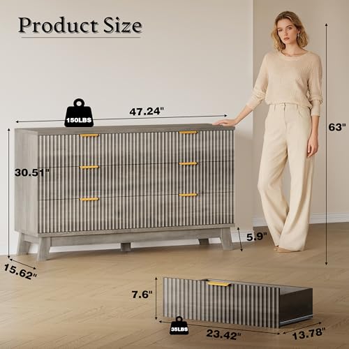 BORNOON Fluted 6 Drawer Dresser, 47.2" Wide Modern Boho Chest of Drawers, Wooden Storage Dresser TV Stand for Bedroom, Living Room, Closet, Hallway, Curved Profile Design - color: Rustic Drift, size: 6-Drawer
