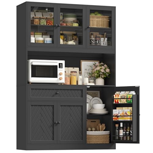 72” Tall Kitchen Pantry Storage Cabinet, Modern White Kitchen Hutch with Large Storage Drawer, Countertop, Adjustable Shelves, Food Pantry Cabinets for Dining Room, Living Room (Black) | Kitchen Hutch with Large Storage Drawer, Countertop, Adjustable Shel