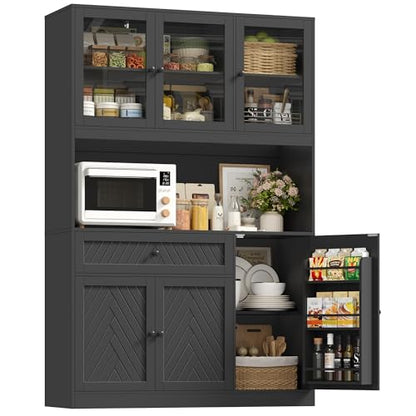 72” Tall Kitchen Pantry Storage Cabinet, Modern White Kitchen Hutch with Large Storage Drawer, Countertop, Adjustable Shelves, Food Pantry Cabinets for Dining Room, Living Room (Black) | Kitchen Hutch with Large Storage Drawer, Countertop, Adjustable Shel