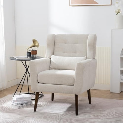 Accent Chair, Living Room Chairs with Solid Wood Legs & Pillow | Chairs Living Room with High Tufted Backrest, Reading Chair for Bedroom/Office, Chenille Fabric - color: Beige(a)