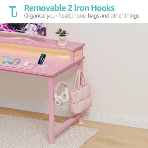 Lufeiya Girls Desk with Power Outlets and LED Lights, 40 Inch Gaming Desk Table with Charging Station, Home Office Computer Desks with Monitor, Pink - color: Pink, size: 39.4"