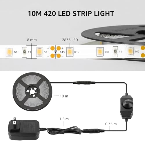 Lepro LED Strip Light, 32.8Ft Dimmable Vanity Lights, 6000K Super Bright LED Tape Lights, 600 LEDs SMD 2835, Strong 3M Adhesive, Suitable for Home, Kitchen, Under Cabinet, Bedroom, Daylight White - size: 32.8 ft