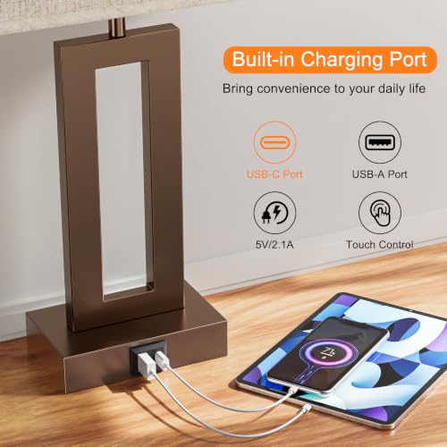 Seealle Bedroom Lamps for Night Stands - Touch Control, 3 Way Dimmable, USB C+A Charging, LED Bulbs, Easy Assembly(Yellow&Coffee) - color: R. Yellow&Coffee, size: Medium(19.6in)