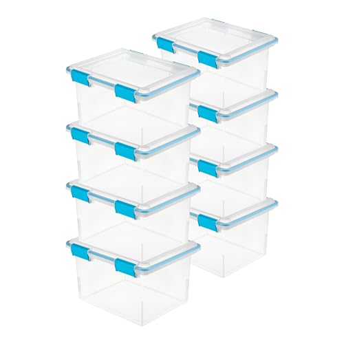 Sterilite Gasket Storage Box with Lids for Home & Office, 32 Quart, 8-Pack | Heavy-Duty, Stackable, and Organizing Containers for Bathroom, Cabinet, Closet, and Garage, Clear and Blue Aquarium Latches - size: 32 Quart, style: 8 Pack
