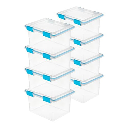 Sterilite Gasket Storage Box with Lids for Home & Office, 32 Quart, 8-Pack | Heavy-Duty, Stackable, and Organizing Containers for Bathroom, Cabinet, Closet, and Garage, Clear and Blue Aquarium Latches - size: 32 Quart, style: 8 Pack
