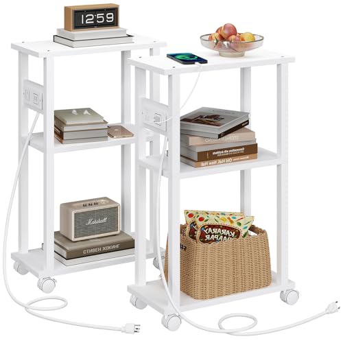TUTOTAK Small Narrow Side Table, Set of 2 Skinny End Table | for Small Spaces, Slim Nightstand with USB Ports and Outlet,Sofa Beside Table with Wheels, White TB01BW047 - color: White, size: 2 PC, style: With Plug