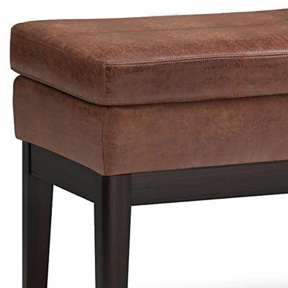 SIMPLIHOME Carlson Ottoman Bench - 45 inch Wide Upholstered Vegan Leather Rectangle Ottoman in Distressed Saddle Brown, Mid Century Modern Bench for Bedroom or Living Room with Padded Seat - color: Brown, style: Ottoman Bench