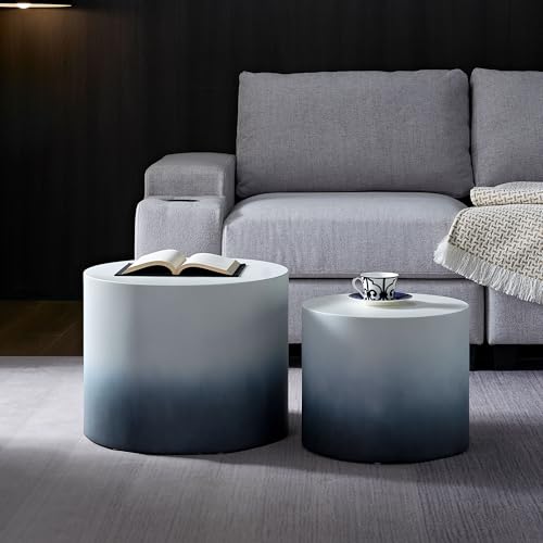 Round Coffee Table Set of 2, Modern Circle Nesting Coffee Table Double Wood End/Side Table for Living Room Small Spaces, Minimalist Abstract Mist Gradient - Black to White,18.9" & 14.96" - color: 18.9" & 14.96"-black to White