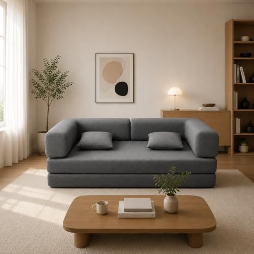 78.7" Convertible Sofa Bed, Compressed Sleeper Couch with 2 Pillows, High-Density Memory Foam Corduroy Loveseat, No Assembly Floor Sofa for Living Room, Apartment, Bedroom, Small Space, Grey - color: Grey