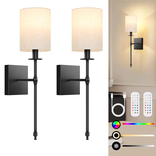 19 inch Battery Operated Wall Sconces Set of 2 with Remote, Rechargeable Wireless Wall Lights with Beige Fabric Shade, Indoor Not Hardwired Dimmable for Bedroom Living Room Decor - color: Flax and Black, size: 19.9 inch