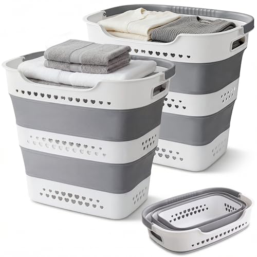 2 Pcs 42L Collapsible Laundry Baskets- Foldable Laundry Basket with Handles, Sturdy Plastic Pop Up Laundry Hamper, Space Saving Storage Container for Wet/Dry Use, Ideal for Home, Dorm, Apartment Grey - style: 42L-2grey