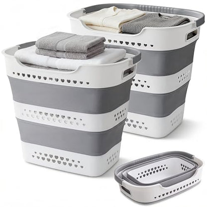 2 Pcs 42L Collapsible Laundry Baskets- Foldable Laundry Basket with Handles, Sturdy Plastic Pop Up Laundry Hamper, Space Saving Storage Container for Wet/Dry Use, Ideal for Home, Dorm, Apartment Grey - style: 42L-2grey
