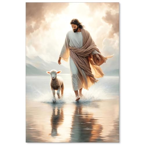 NLIEOPDA Jesus and Lamb Wall Art Vintage Religious Bible Canvas Poster Jesus Walking on Water Painting for Prayer Living Room Church Wall Decor 16X24 inch Unframed - color: Christian6-Unframed, size: 24"L x 16"W