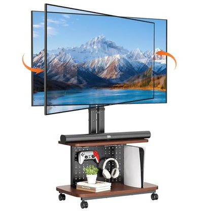 Mobile TV Cart on Wheels,Height Adjustable Rolling TV Stand for 32-85 inch TVs,with 5-Level Lift,35° Swivel,Portable Media Cart for Office,Outdoor | Height Adjustablewith 5-Level Lift,35° Swivel,Dual Shelves & Pegboard Storage,Portable Media Cart for Home