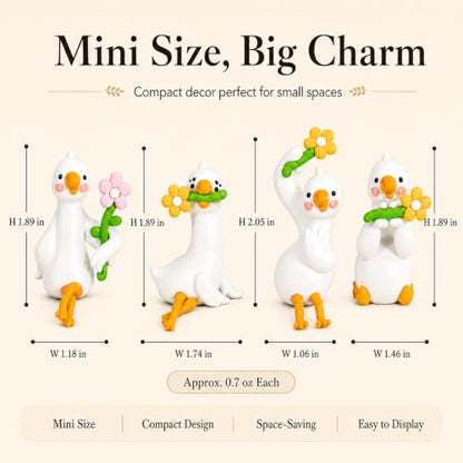 4Pcs Mini Resin Goose Figurines Set, Cute Desk Pets with Cable Holder | Computer Monitor Hanging Animals, Small Goose for Monitor, Bookshelf, Car Dashboard, Photo Frame, Goose Gifts for Coworkers
