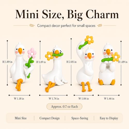 4Pcs Mini Resin Goose Figurines Set, Cute Desk Pets with Cable Holder | Computer Monitor Hanging Animals, Small Goose for Monitor, Bookshelf, Car Dashboard, Photo Frame, Goose Gifts for Coworkers