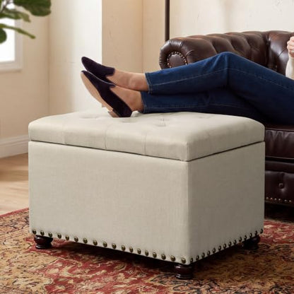 Ottoman with Storage,24" Fabric Ottoman Foot Rest with Hinged Lid Small Rectangle Upholstered Button Tufted Foot Stools Ottomans for Bedroom Living Room Entryway,Beige - color: Beige,bronze Rivets