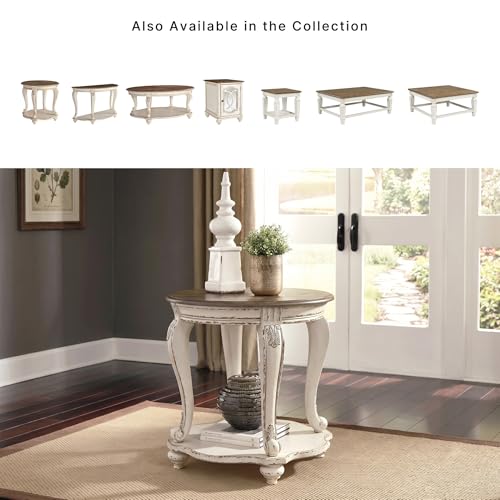 Signature Design by Ashley Realyn Round End Table, French Country, White | Ash veneer & engineered wood, Cast resin corbels, Fixed lower shelf, French country side table, White end table