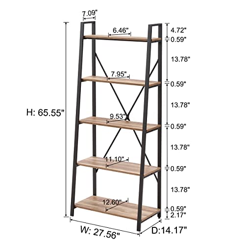 Industrial 5 Tier Ladder Bookshelf, Wood and Metal Ladder Shelf Bookcase, Farmhouse Leaning Shelves for Living Room (Vintage Oak) - color: Vintage Oak, size: 5-Tier
