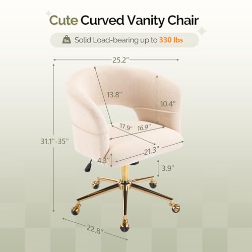 VINGLI Modern Curved Office & Vanity Desk Chair, Cute Upholstered Nail Chair with Wheels & 360° Swivel & Club & Tilting & Gold Base, for Living Room,Bedroom,Makeup, Velvet Chenille, Beige - color: Beige