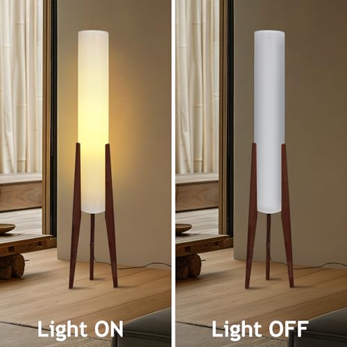 Wabi-Sabi 50" Wood Tripod Floor Lamp with Paper Lantern Inspired | Tall Linen Fabric Shade, E26 3-Color Temperatures Bulb Included, Foot Switch, Walnut Finish For Living Room, Bedroom, Office - color: Walnut