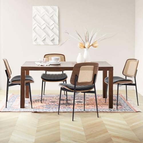 Rattan Dining Room Chairs Set of 4,Mid Century Black PU Leather Kitchen Chairs,Upholstered Seat Metal Legs Chairs with Adjustable Foot Pads,Walnut Armless Side Chairs - color: Black, size: Set of 4
