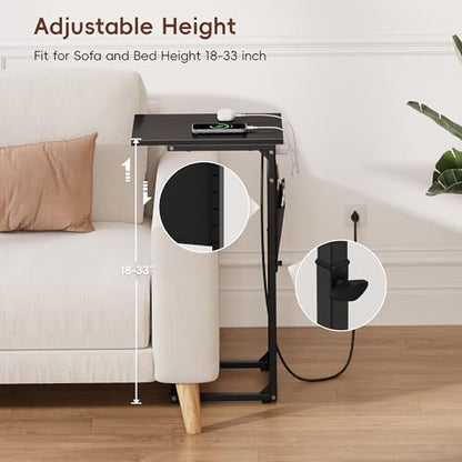 C Shaped End Table with Charging Station, Adjustable Height Side Table for Sofa, Couch Side Table for Small Spaces, Slide Under Sofa TV Tray Snack Arm Tables for Living Room, Bedroom, Black - color: Black, style: With Plug