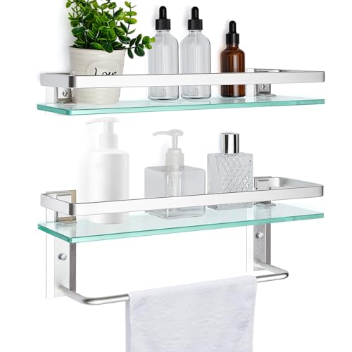 Suzile Set of 2 Glass Bathroom Shelves with Bar, Wall Mounted 15.7 x 4.7 Inches, Bathroom Shelves Hanging Modern Floating Shelf Metal Stick Room Rustproof Organizer Decorative(Silver) - color: Silver