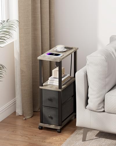 TUTOTAK Small Narrow End Tables, Side Tables with 2 Fabric Drawers, Set of 2, Bedside Tables with Charging Station for Small Spaces, Slim Nightstands with USB Ports and Wheels, TB01BG053 - color: Greige, style: with Outlets
