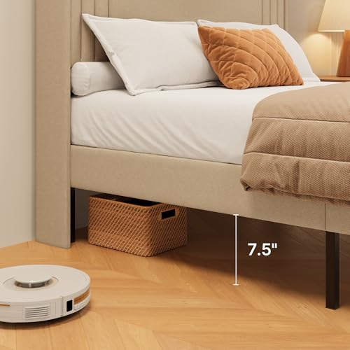 Gizoon Full Bed Frame with Charging Station and LED Lights | Upholstered Wingback Platform Bed with Padded Headboard,Wooden Slats,Noise-Free,No Box Spring Needed, Easy Assembly,Beige - color: Beige+led, size: Full