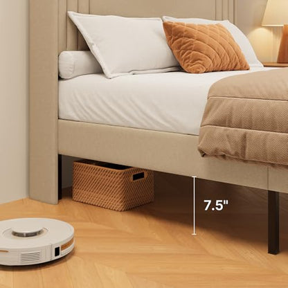 Gizoon Full Bed Frame with Charging Station and LED Lights | Upholstered Wingback Platform Bed with Padded Headboard,Wooden Slats,Noise-Free,No Box Spring Needed, Easy Assembly,Beige - color: Beige+led, size: Full