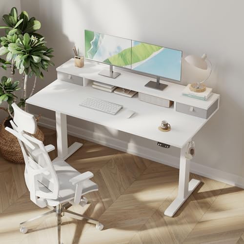 Klicelor 48 x23 Inch Electric Standing Desk with Drawers, Adjustable Height Small Sit Stand Desk for Home Office, Compact Computer Workstation with Storage– White - color: White, size: 48 x 23 Inch