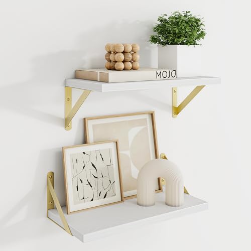 Dreamland Wall Mounted Floating Shelves Set of 2, 16x8, White&Gold | Engineered Wood, Visible Bracket, Large Storage, Hold Up to 30lbs, Living Room, Bathroom, Bedroom, Kitchen - color: White&gold, size: 16"W x 8"D