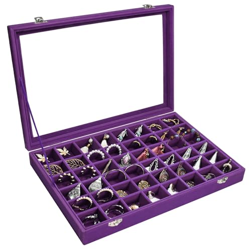 Siveit Velvet Jewelry Tray 48 Grid Jewelry Display Tray Organizer Box with Transparent Lid Rings Earrings Necklaces Pendants Display Box Suitable for Women and Girls (Purple) - color: Purple