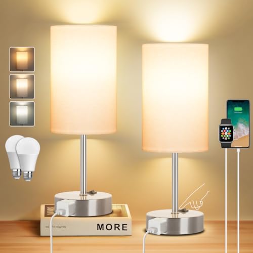 ZJOJO Table Lamps for Bedroom Set of 2, Bedside Small Lamps with AC Outlet | 3 Colors, E26 Bulbs, Rocker Switch, Nightstand Desk Lamp with White Linen Shade Nickel Base for Living Room Home Decor Lights - color: White Fabric Shade Nickel Base, size: 14.5i