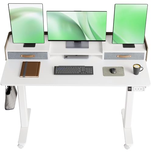 Claiks Standing Desk with Drawers & Wheels, 2 Height Shelf 48inch White | 2 height adjust shelf, tabletop drawers, felt fence design, sturdy supports 176 lbs, 4 wheels, 2 tire monitor stand - color: White, size: 47.2×23.6