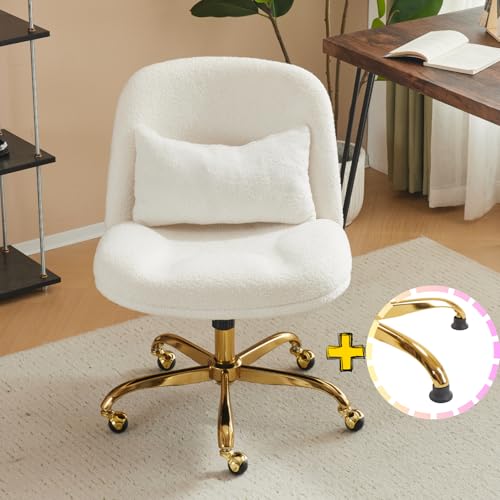 VINGLI Wide Criss Cross Legged Office Chair,Buttprint Ergonomic Desk Chair Comfy with Pillow&Gold Base,Dual-Use with/no Wheels,Adjustable Vanity Swivel Chair for Bedroom,Home Office,Teddy Fleece,White - color: Cherished White