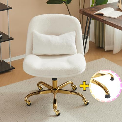 VINGLI Wide Criss Cross Legged Office Chair,Buttprint Ergonomic Desk Chair Comfy with Pillow&Gold Base,Dual-Use with/no Wheels,Adjustable Vanity Swivel Chair for Bedroom,Home Office,Teddy Fleece,White - color: Cherished White