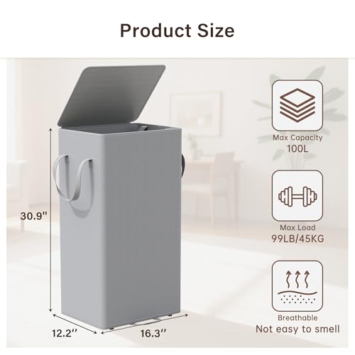 Laundry Hamper with Lid and Foot Pedal, 100L Fabric Laundry Basket with Removable Mesh Bag, Slim Foldable Design for Bathroom and Laundry Room (Gery)